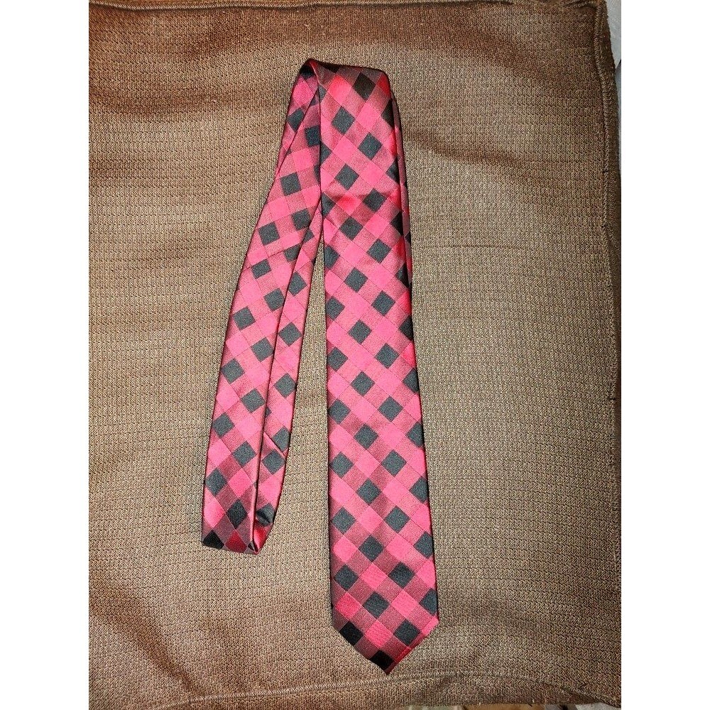 Pre owned Men's Pierre Cardin Red Black Plaid Polyester Neck Slim Tie Hand Made